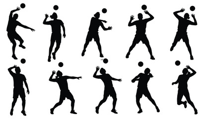 Fototapeta premium Volleyball player action silhouettes set showing various poses and movements with ball Vector