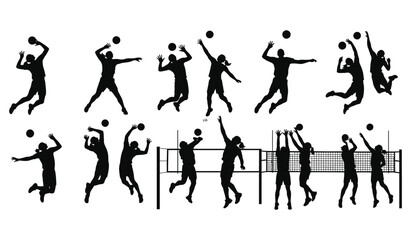 Volleyball player silhouettes in various action poses hitting and spiking the ball Vector