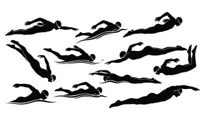 Silhouettes of swimmers in various strokes, dynamic collection of aquatic athletes Vector