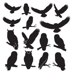 Collection of diverse owl silhouettes in various poses including flying and perching Vector