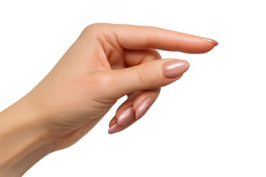 Woman's hand making a small gesture, holding tiny item, measuring something, expressing little significance on transparent background