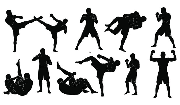 Dynamic martial arts silhouettes set, various fighting poses, combat sport actions Vector
