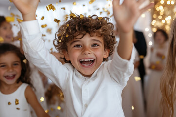A vibrant image of children celebrating with joyous expressions and golden confetti, capturing the essence of happiness and festive fun during the holidays.