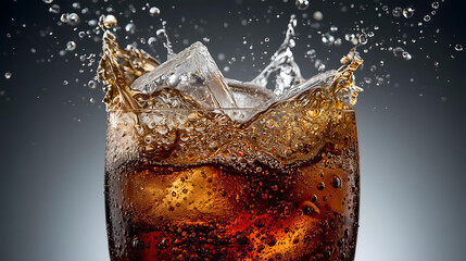 Close up of a glass of cola with ice cubes and water splashing against a grey gradient background