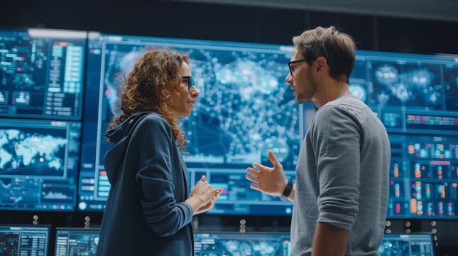 Two analysts reviewing data on multiple screens in a control environment