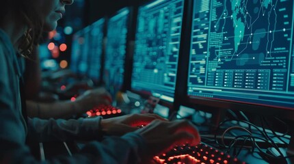 Woman in hoodie with colleagues looking at computer screens in dark room - Powered by Adobe