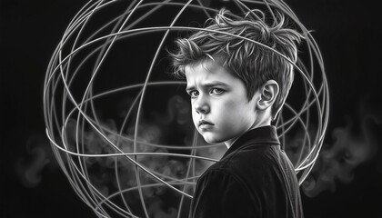 Mysterious Boy Inside Wire Sphere