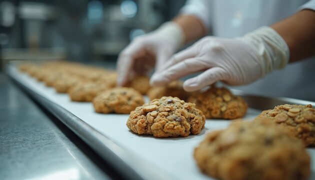 Hands in white gloves carefully arrange fresh baked oatmeal cookies on moving conveyor belt. Factory worker sorts tasty biscuits in modern food industry production line for mass quantity of treats.