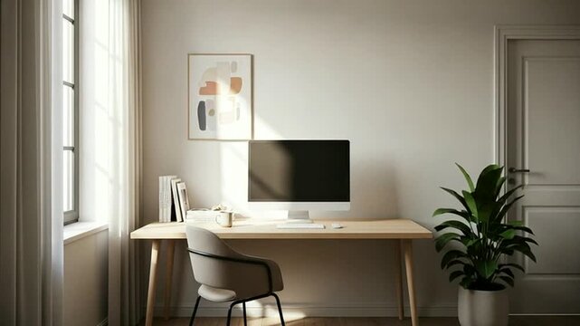 Modern workspace video showing desk with computer, chair, and natural light ideal for remote work, creative projects, and professional presentations