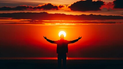 Silhouette against vibrant sunset at the beach embodies freedom, peace, and adventure, perfect for travel or wellness marketing campaigns