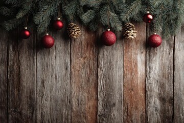Rustic wooden background decorated with evergreen branches pinecones and red ornaments for christmas holidays