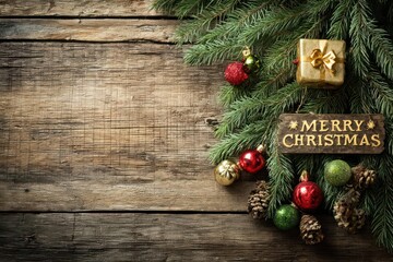 Rustic wooden background with evergreen christmas tree branches and festive ornaments creating a holiday scene