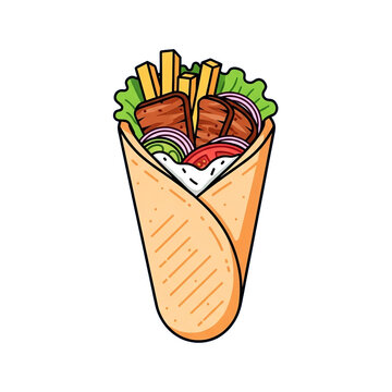 ''Colorful cartoon illustration of a delicious Greek gyros wrap with meat, fries, and fresh vegetables, isolated on black.''