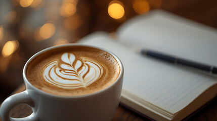 Close up of a latte with latte art next to an open notebook and pen with bokeh lights behind it