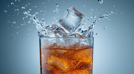 Ice cube splashing into a glass of brown liquid with bubbles against a light blue background