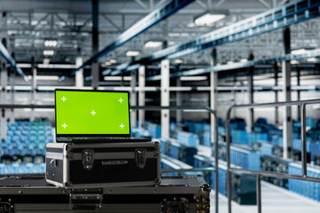 Green screen mockup laptop in data center with multiple rows of fully operational server racks. Chroma key isolated screen notebook in server room built for digital storage systems