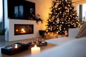 A charming holiday space featuring a beautifully adorned Christmas tree beside a welcoming sofa, complemented by delicious treats, embodying warmth and festive cheer for gatherings.