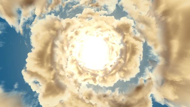 Radiant swirling cloud vortex with bright sunlit center, dramatic golden cumulonimbus textures and dynamic sky motion forming a celestial atmospheric tunnel light against a blue sky backdrop seamless