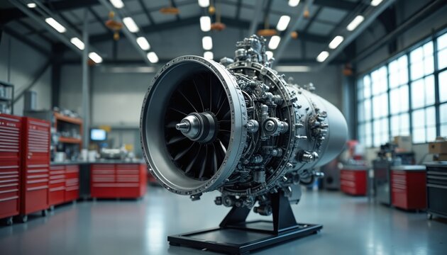 Complex jet engine assembly rests on stand in clean workshop. Detailed metal components, turbine blades visible. Aviation engineering marvel, precision manufacturing, ready for flight.
