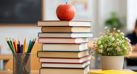 Classroom desk with stacked books, pencils, and an apple, celebrating knowledge and appreciation for educators on a special day.