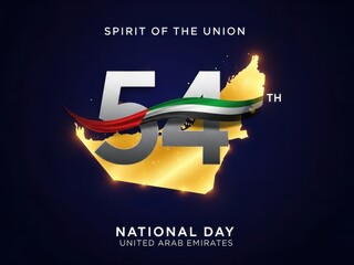 United arab emirates 54th national day celebration graphic featuring the map silhouette, number 54, and uae flag colors on a dark blue background