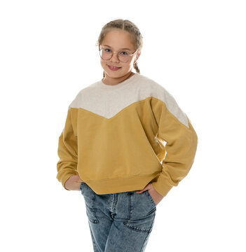 Fototapeta Portrait of cute girl in glasses on white background