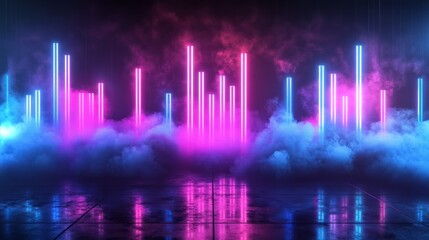 Envision futuristic light installation with vibrant vertical lights rising from soft mist, creating a captivating ambiance that enchants and mesmerizes all who experience this extraordinary spectacle