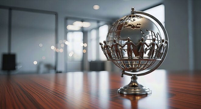 Symbolic globe with diverse people holding hands around it represents global health equity, universal access, and community care, on a polished wooden surface.