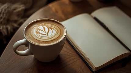 Close up of a latte with latte art next to an open book on a wooden table in soft natural light