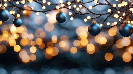 Close-up of Christmas ornaments and string lights with a blurred bokeh background, creating a festive and warm atmosphere.