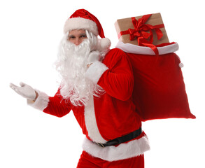 Santa Claus with bag full of gifts showing something on white background. Merry Christmas and Happy New Year