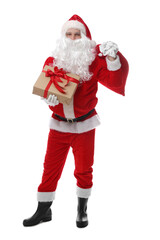 Santa Claus with bag and gift on white background. Merry Christmas and Happy New Year