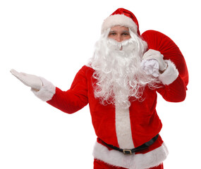 Santa Claus with bag showing something on white background. Merry Christmas and Happy New Year