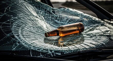 Alcoholic drink bottle on shattered windshield, consequence of impaired driving accident.