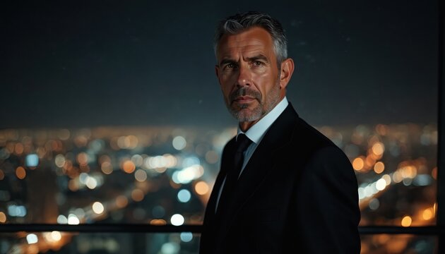Mature businessman in formal suit poses with night city background. A man stands on a balcony looking at illuminated cityscape. Corporate executive portrait at night reflects success and achievement. - Powered by Adobe
