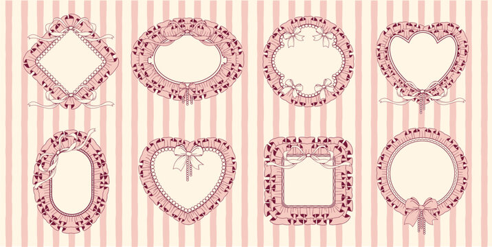 Set of vintage pink ruffle frames with bows, ribbons, and pearls. Heart, round, oval, and square shapes. Perfect for cute labels, scrapbooking, stationery, and coquette designs.Vector Illustration