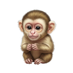 Small Baby Monkey Sitting Still and Looking Forward with Big Eyes and Soft Brown Fur on a Black Background