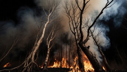 Forest ablaze under dark smoke.