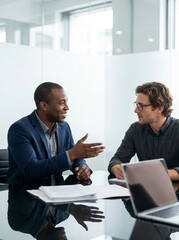 Obraz premium Business collaboration and partnership with two diverse businessmen discussing a project in a modern office boardroom.