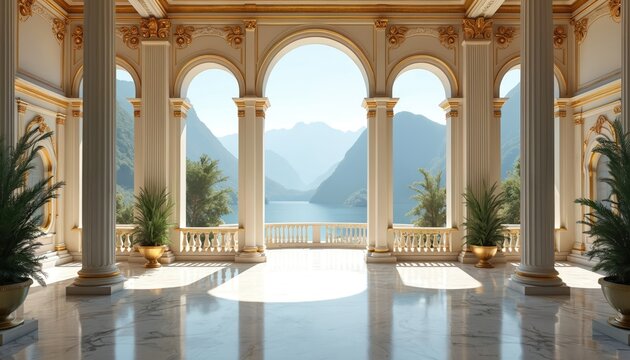 Grand palace loggia with marble floor arches views of calm lake mountains. Ornate columns potted plants add to opulent interior design. Luxury architecture offers scenic nature panorama.
