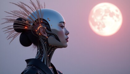 Futuristic Cyborg Under Full Moon