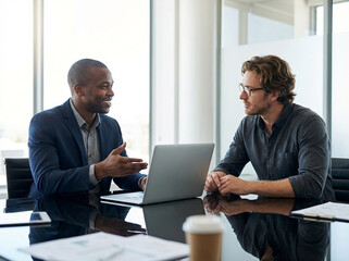 Obraz premium Business collaboration and professional consultation with two diverse male colleagues discussing a project on a laptop.