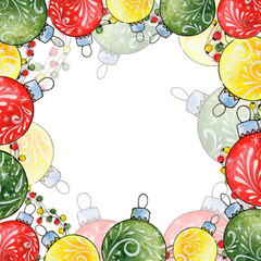 Christmas decor, New Year frame made of  Xmas tree balls, watercolor illustration. Template with copy space for design greeting postcard.