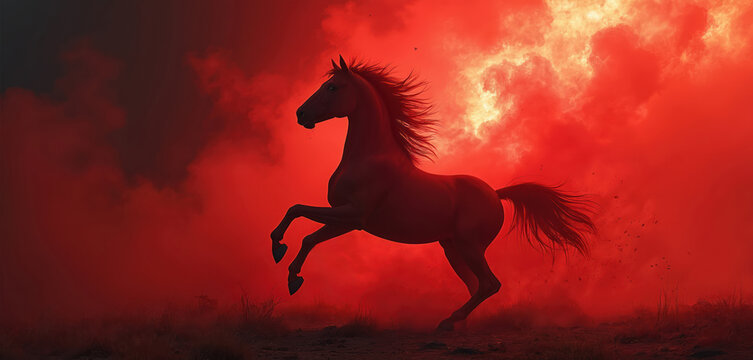 Silhouette of a rearing horse appears from red smoke clouds. Powerful equine charges forward in dramatic fiery landscape. Dark ethereal background with bright light and dust.