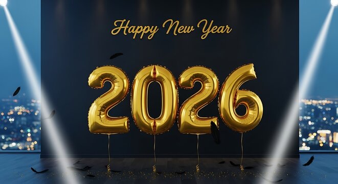 Happy New Year 2026 celebration with gold balloons and feathers - Powered by Adobe