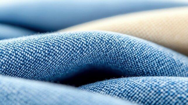 Close-up of textured blue denim and beige fabric, showing the weave and folds. Soft focus and neutral lighting.