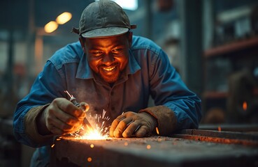Black man smiles working with welding torch creating sparks in factory. He wears cap blue shirt protective gloves. Craftsmanship in metal fabrication workshop.