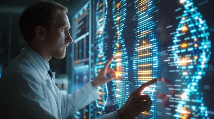 Scientist examining dna strand on screen in a futuristic laboratory setting - Powered by Adobe