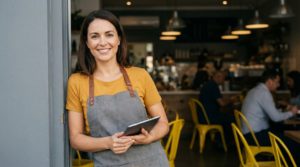 Proud entrepreneur and successful small business owner standing at her modern coffee shop entrance with a digital tablet.