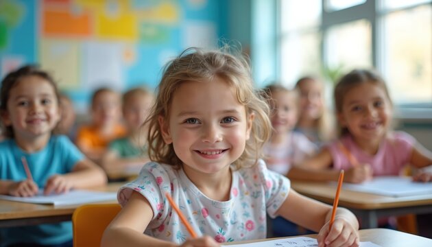 Happy little girl smiles at camera in classroom. She holds pencil, ready to draw. Other children learn, seated at desks in bright school room. Kids enjoy education activity, coloring artwork in class. - Powered by Adobe